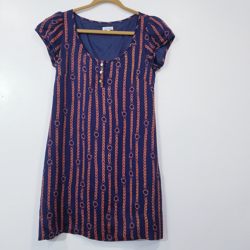 Shoshanna Silk Chain-link Print Shift Mini Dress Short Sleeves